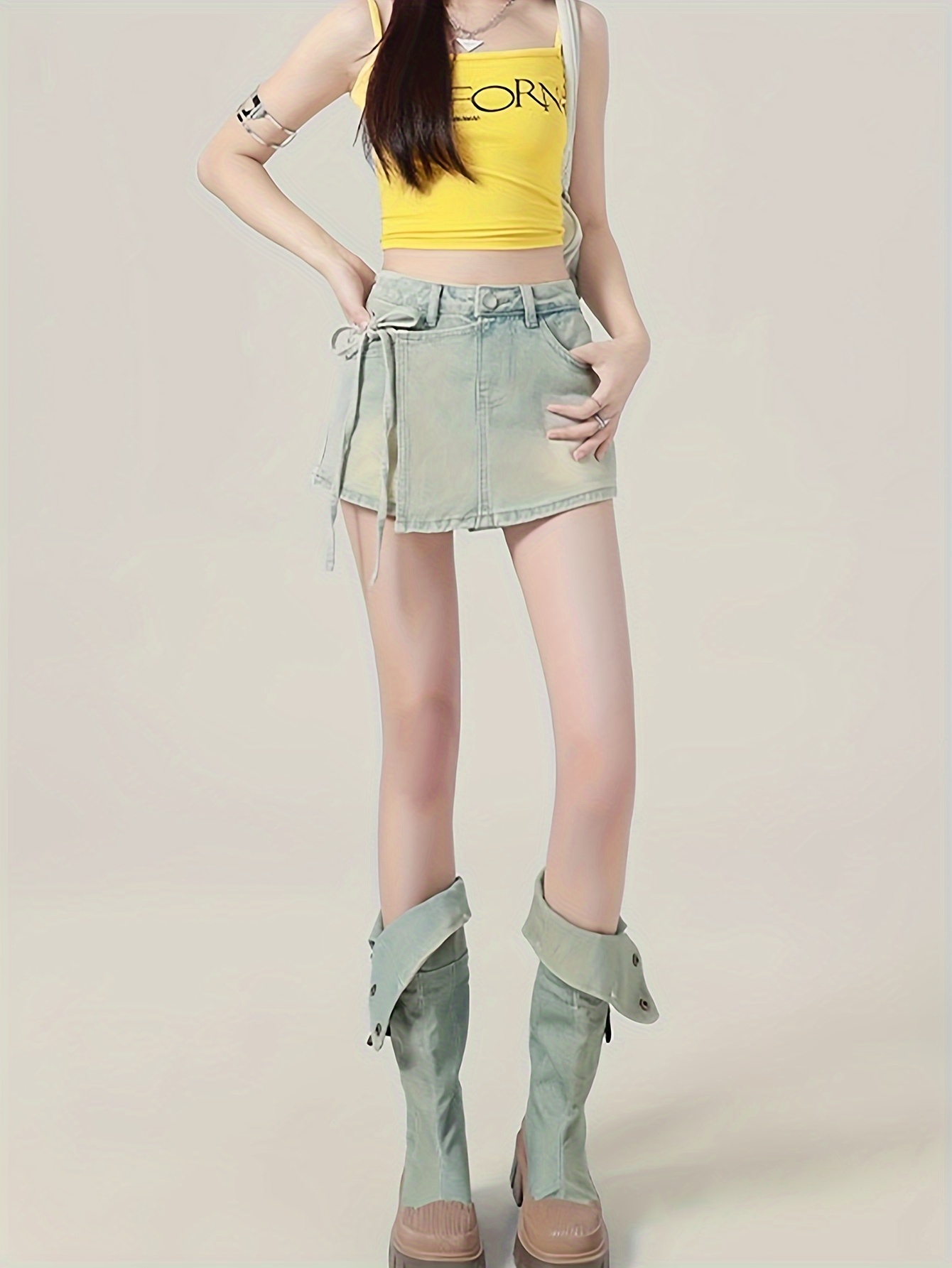 plain washed side chic denim skorts skirted shorts womens denim jeans clothing details 1