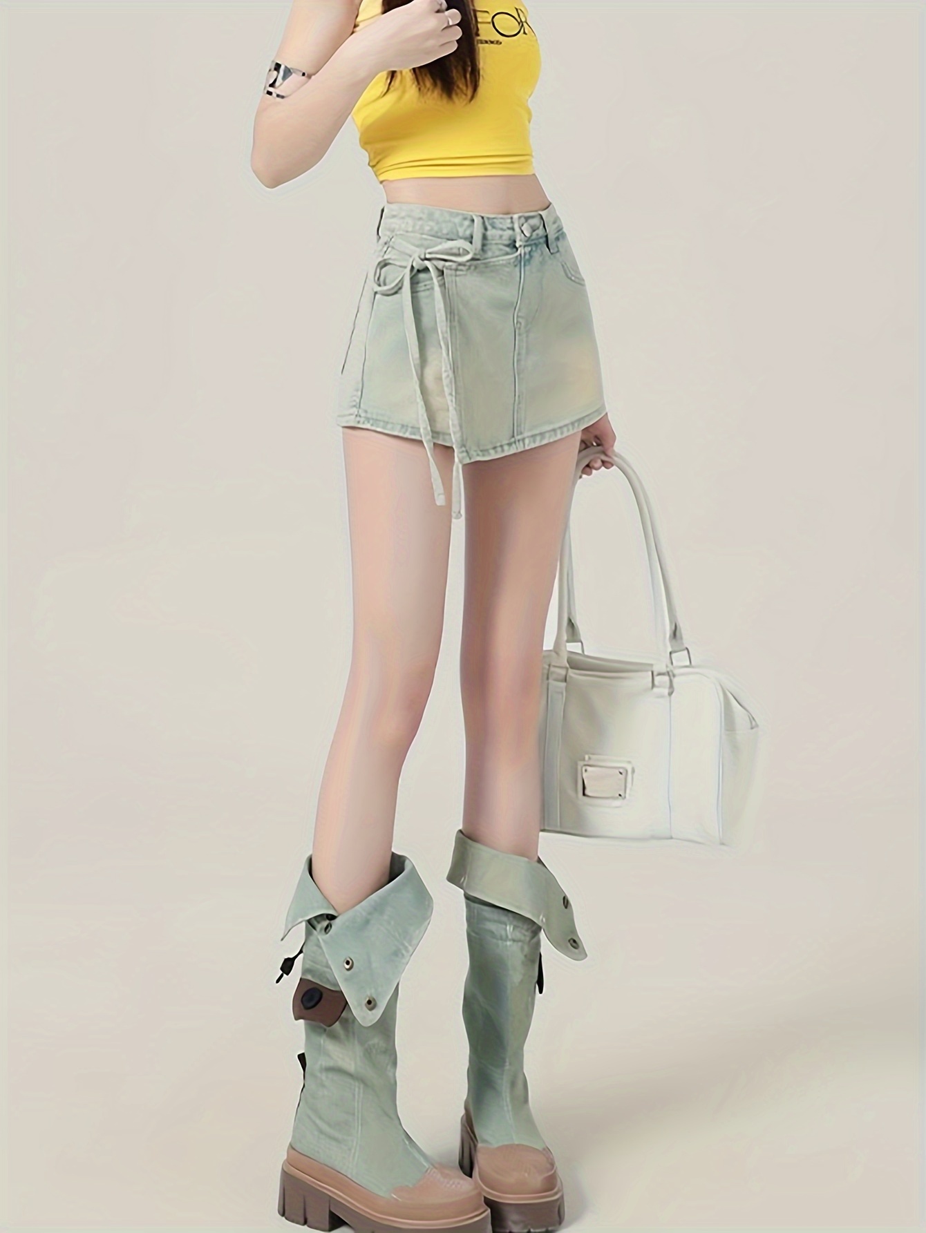 plain washed side chic denim skorts skirted shorts womens denim jeans clothing details 2