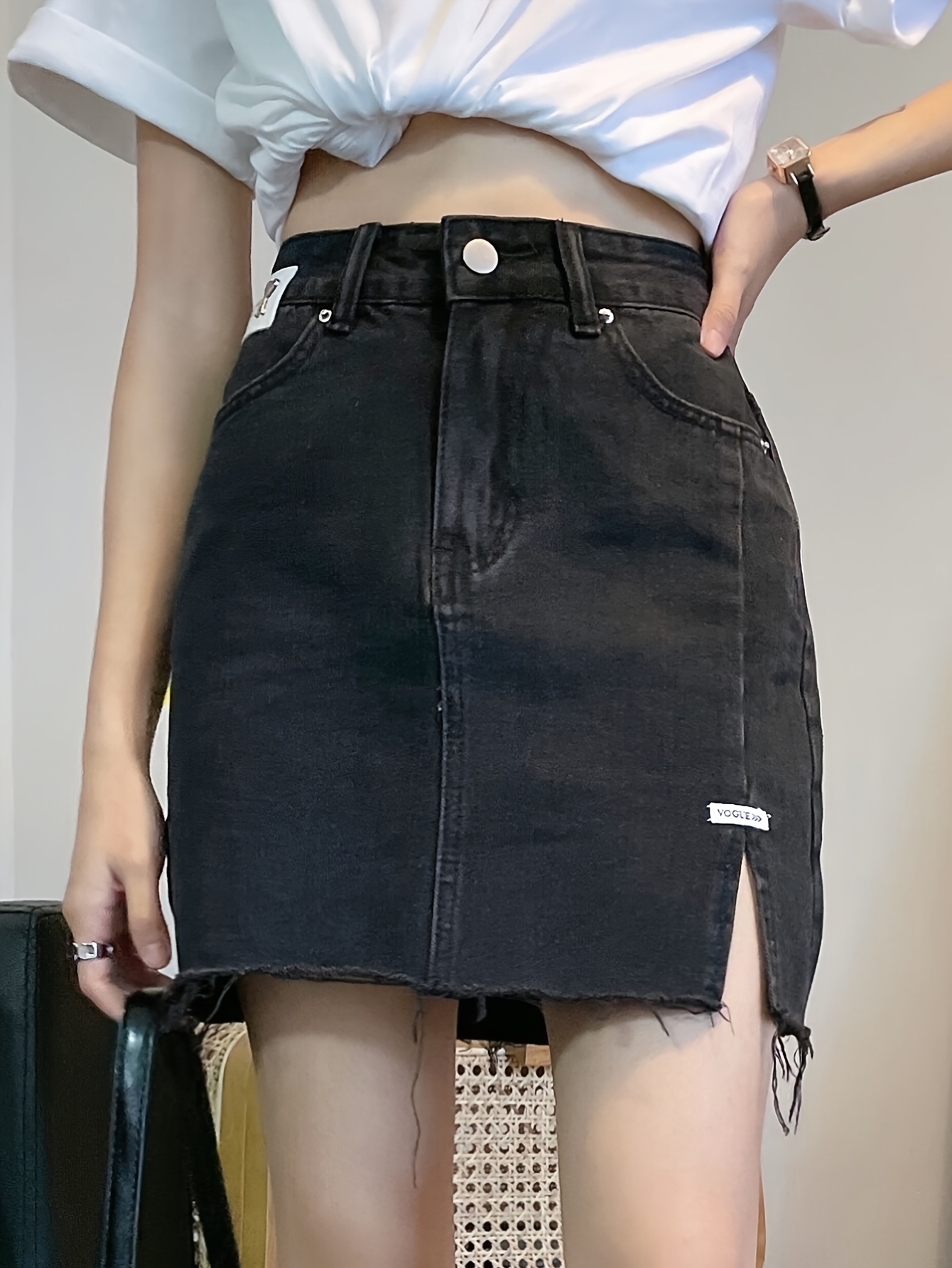 Women S -Waist Denim Skirt, Color Black, Non-Stretch Cotton , Regular Fit, with Split Hem and Detail, for Spring/Summer/Fall - Woven Fabric details 2