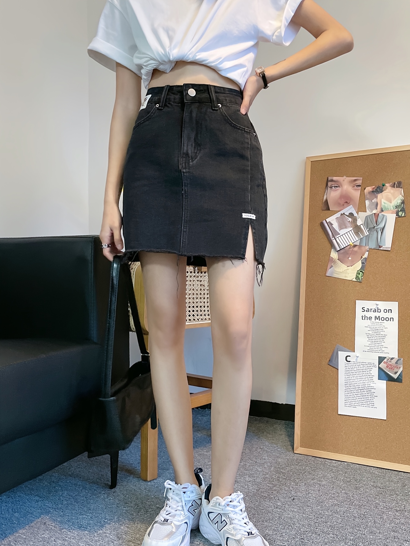 Women S -Waist Denim Skirt, Color Black, Non-Stretch Cotton , Regular Fit, with Split Hem and Detail, for Spring/Summer/Fall - Woven Fabric details 3