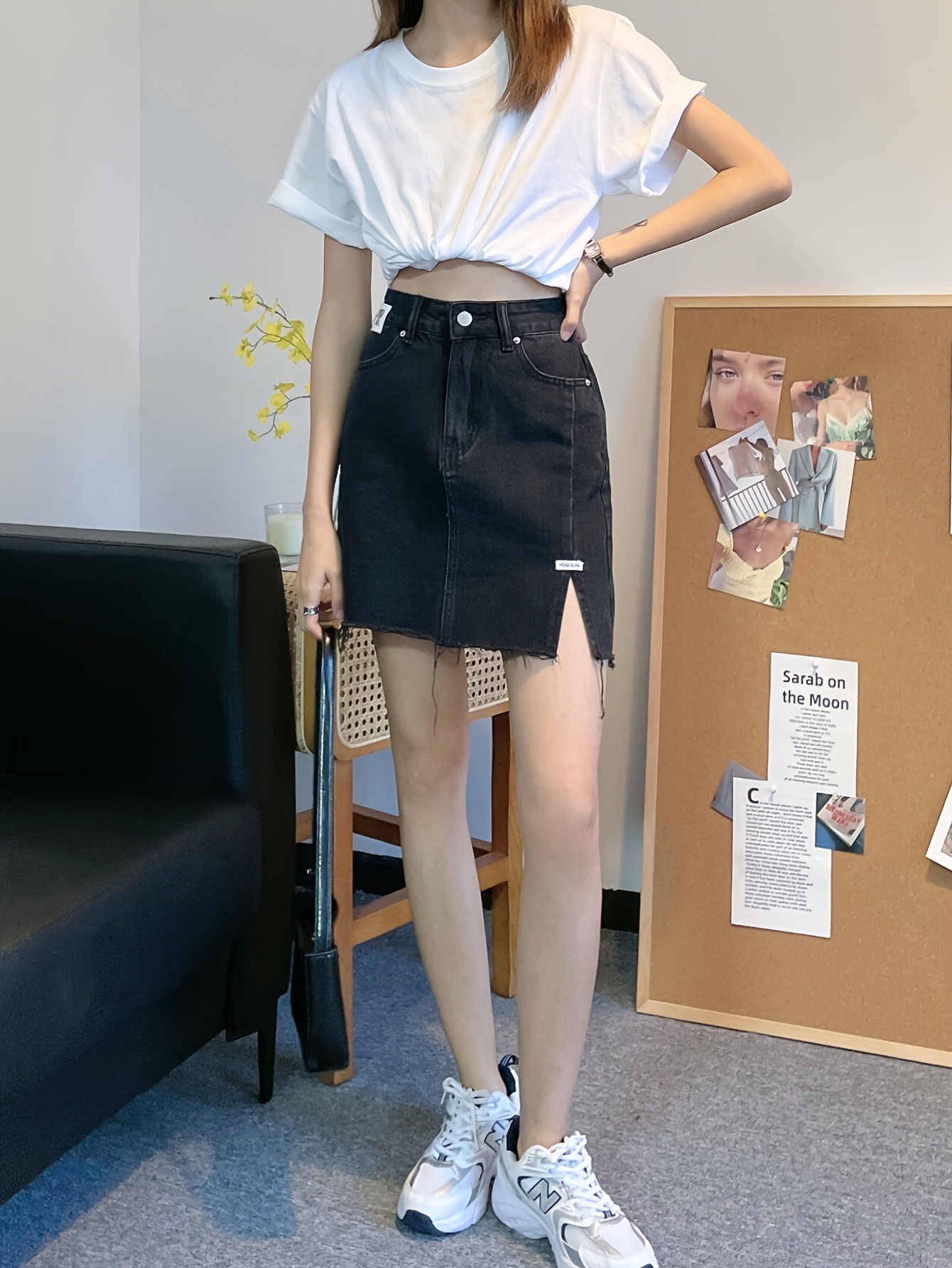 Women S -Waist Denim Skirt, Color Black, Non-Stretch Cotton , Regular Fit, with Split Hem and Detail, for Spring/Summer/Fall - Woven Fabric details 5