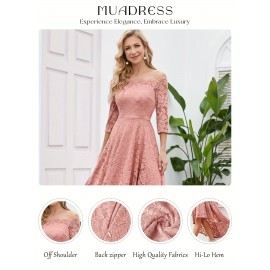 3/4 Sleeves Lace High-Low Off Shoulder Bridesmaid Dress, Cocktail Party Dress for Church Wedding Guest Formal Party