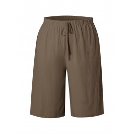 1pc Women'S Casual Polyester Shorts, Solid Color, All-Season, Woven Fabric, with Fake Drawstring Detail