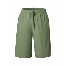 1pc Women'S Casual Polyester Shorts, Solid Color, All-Season, Woven Fabric, with Fake Drawstring Detail