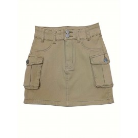 Plain Flap Pockets Cargo Denim Mini Skirt, High Stretch Double Button Washed Denim Skirt, Women's Denim Clothing