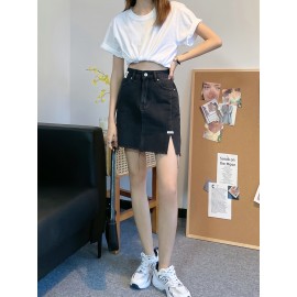 Women's Summer Causal High-Waist Denim Skirt, A-Line Jean Mini Skirt With Side Split, Frayed Hem, Casual Style