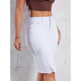 Hot Ripped High Waisted Bodycon Midi Denim Skirt, Women's Denim Jeans & Clothing