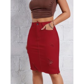 Hot Ripped High Waisted Bodycon Midi Denim Skirt, Women's Denim Jeans & Clothing