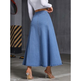 Comfy Stretchy Maxi Denim Skirt - Soft Washed Blue, Single-Breasted, Flattering Fit, Women's Denim Jeans & Clothing, Perfect for Casual Daily Wear, Versatile and Chic