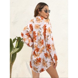 Floral Print Button Up Shirt, Vacation Lapel Neck Long Sleeve Loose Shirt, Women's Clothing