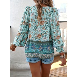 Floral Print V Neck Blouse, Casual Drawstring Long Sleeve Blouse For Spring & Fall, Women's Clothing