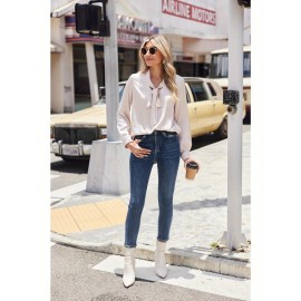 Women's Satin Silk Long Sleeve Blouse with Bow Tie Neck Office Work Wear Elegant Tops