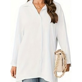 Women's Oversized T-Shirt Button-Up Long Sleeve Shirt V-Neck Loose Flowy Shirt