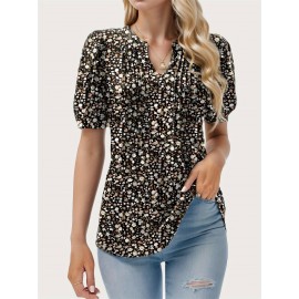 Floral Print Notched Neck Blouse, Casual Pleated Puff Sleeve Blouse For Spring & Summer, Women's Clothing