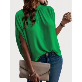 Womens Elegant Pintuck Batwing Sleeve Blouse - High Neck, Micro Elasticity, Solid Color, Machine Washable, Casual Top for Spring & Fall - Tooluck Brand